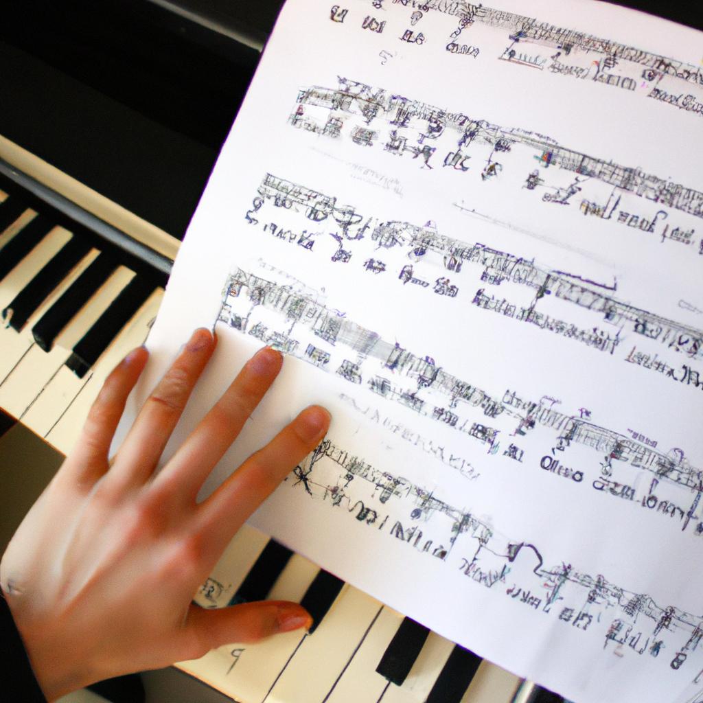 Person playing piano with sheet music