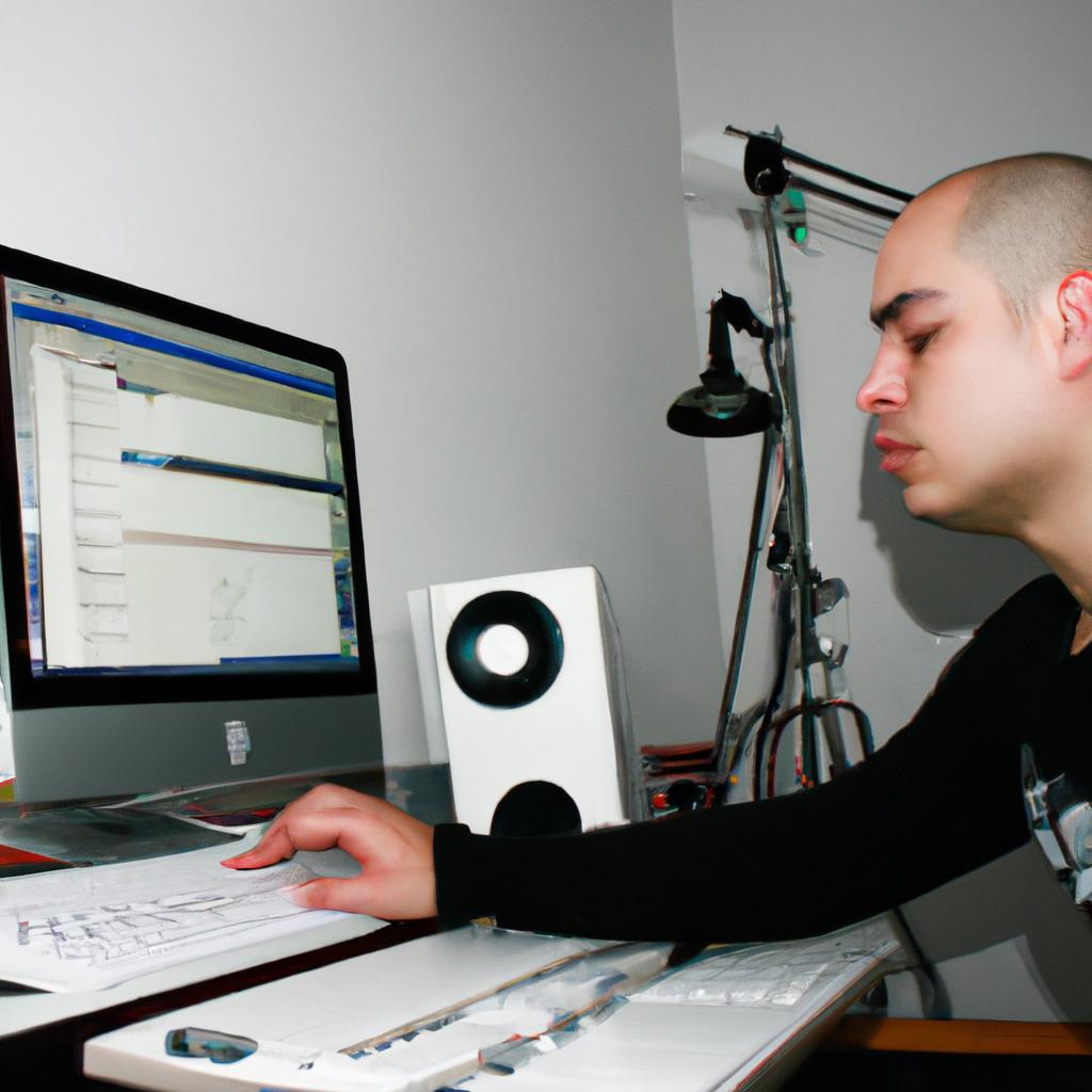 Man composing music on computer