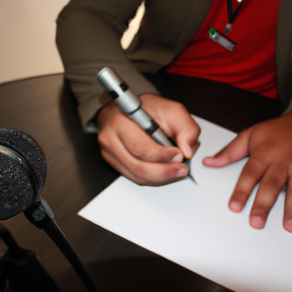 Man holding microphone, signing contract